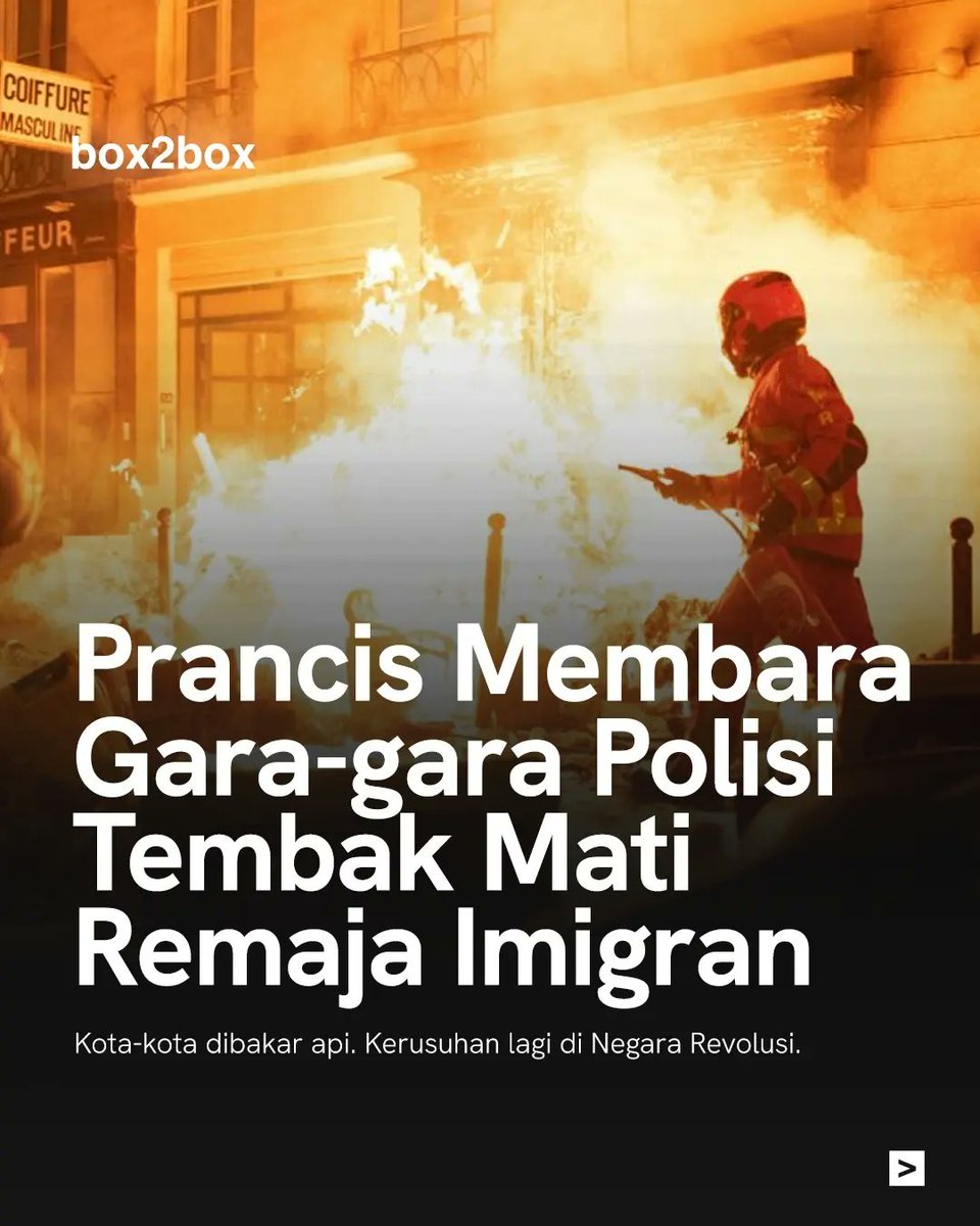 Box2boxID's tweet photo. Kerusuhan terjadi di banyak kota Prancis dalam sepekan terakhir.

Gara-gara polisi menembak mati pemuda imigran yang melanggar aturan lalu lintas.

RIP Nahel 🕊 Stop police brutality!

#FranceHasFallen https://t.co/reYi921e9Z