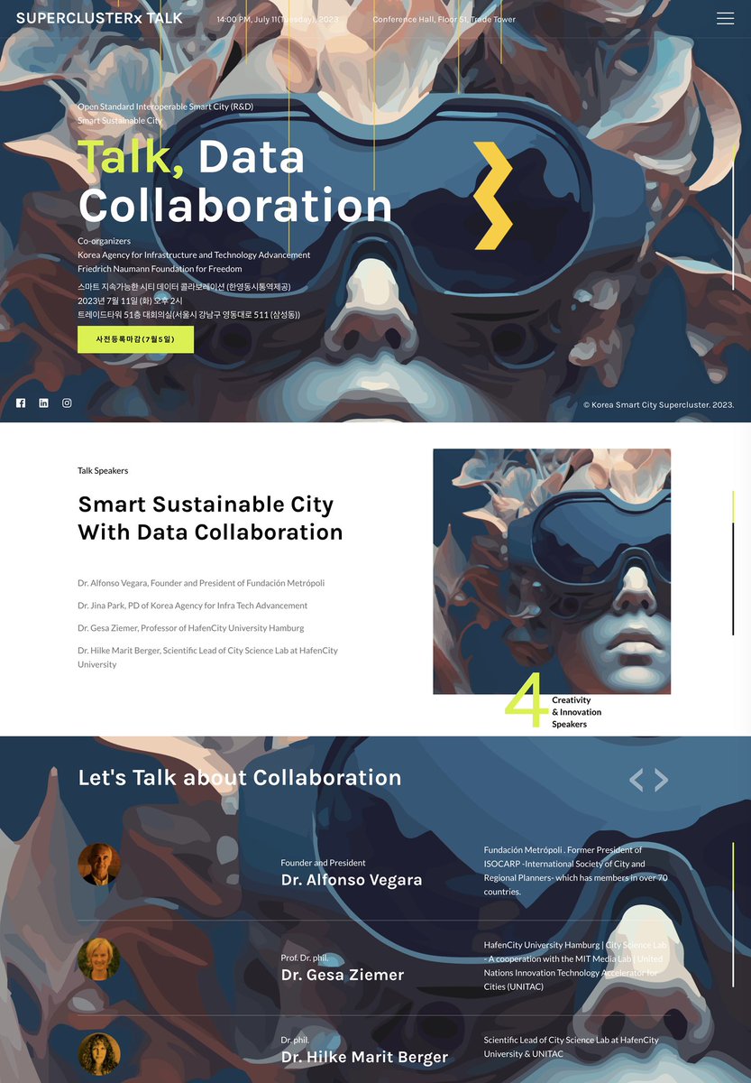 Smart Sustainable City with Data Collaboration TALK (스마트 지속가능한 시티 데이터 콜라보레이션 토크)
일시: 2023년 7월 11일 오후 2시 (1시부터 등록)
장소: 트레이드타워 51층 대회의실(서울시 강남구 영동대로 511 (삼성동))
사전등록: thinkaboutit.kr/citylab/index.…