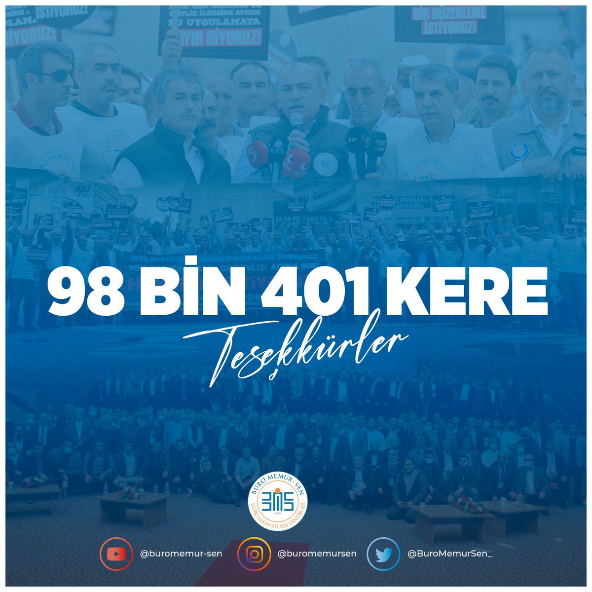 98 BİN 401 KERE TEŞEKKÜRLER

Kamu görevlileri sendikalarının üye sayıları 4 Temmuz 2023 tarihli Resmi Gazete'de yayımlanarak tescillendi.

Açıklanan rakamlara göre;
Üye sayımızı 1 yılda yüzde 10 oranında artırarak 98 BİN 401 üyeyle Büro Hizmet Kolunda üst üste 12'nci  kez Genel