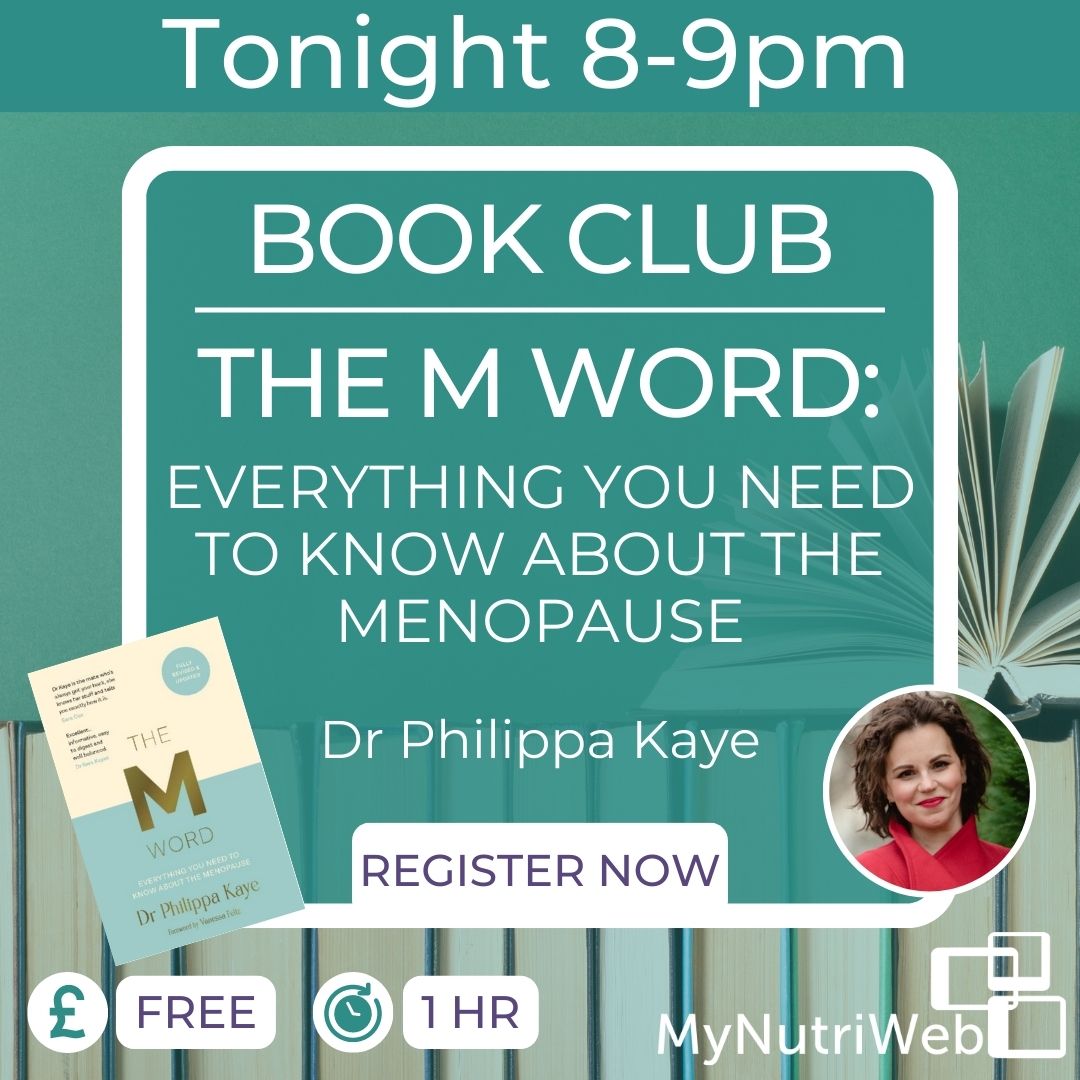 MyNutriWeb's tweet photo. Excited about tonight's book club? 📚 📕 

💃 We can't wait! Starting @ 8️⃣ pm. 'The M Word: Everything You Need to Know About the #Menopause' . Sign up➡️ https://t.co/PeKQrVvvtC

We'll be joined by the incredible @drphilippakaye ✨ &amp; top chairs @CorrineToynRD &amp; @Rosie_Long 💚 💜 https://t.co/00ajZrYjz5