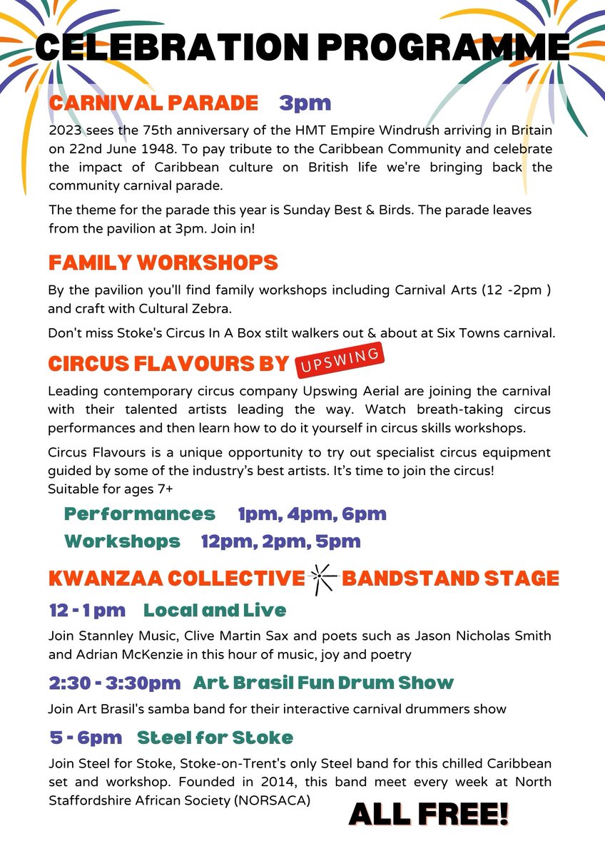 Are you getting excited for Six Towns Carnival THIS  SUNDAY in Hanley Park ! We have a full and lovely programme. 

Please share. 

#staffordshire #Stoke-on-Trent