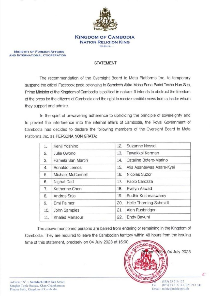 Cambodia's Foreign Affairs Ministry declares 22 members of the <a href="/Meta/">Meta</a> Oversight Board as persona non grata, for ruling his Facebook account be suspended for 6 months. MoFA says this is because Cambodians cannot receive credible news from their leader who they "support and admire."