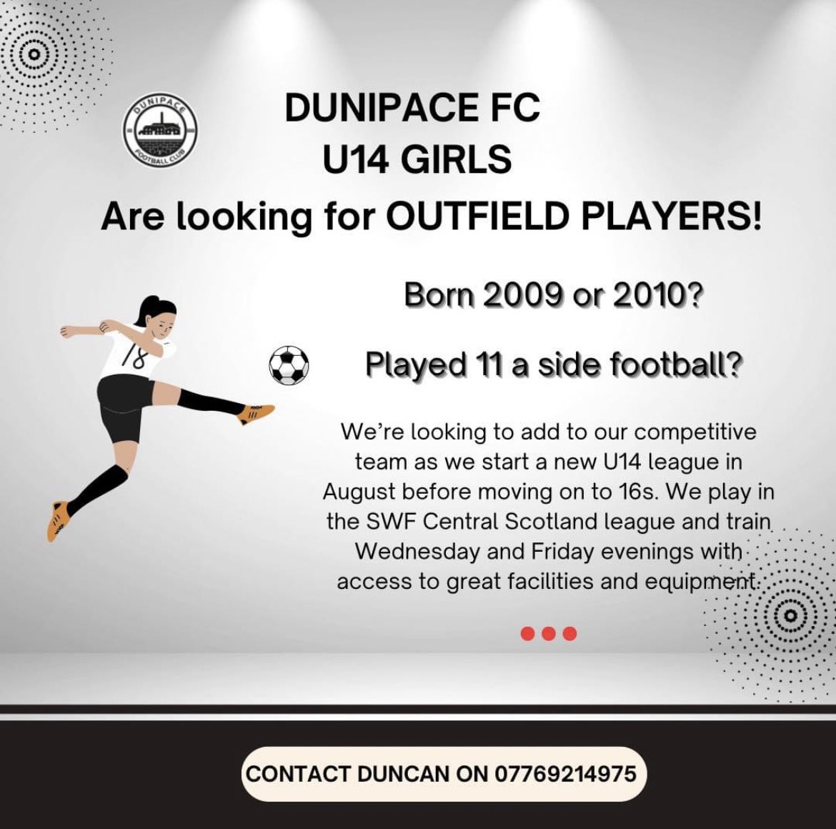 We’re looking for players to join our squad - please get in touch if interested! We’re in a great location for central Scotland, great facilities and provide free match kit etc. We’re training through summer so come check us out! ⚫️⚪️⚽️ <a href="/DunipaceFC/">Dunipace FC</a> <a href="/GirlsResults/">Scottish Football Results - Girls/Women</a> <a href="/Jax_Mc_Media/">Jax Mc Media</a>
