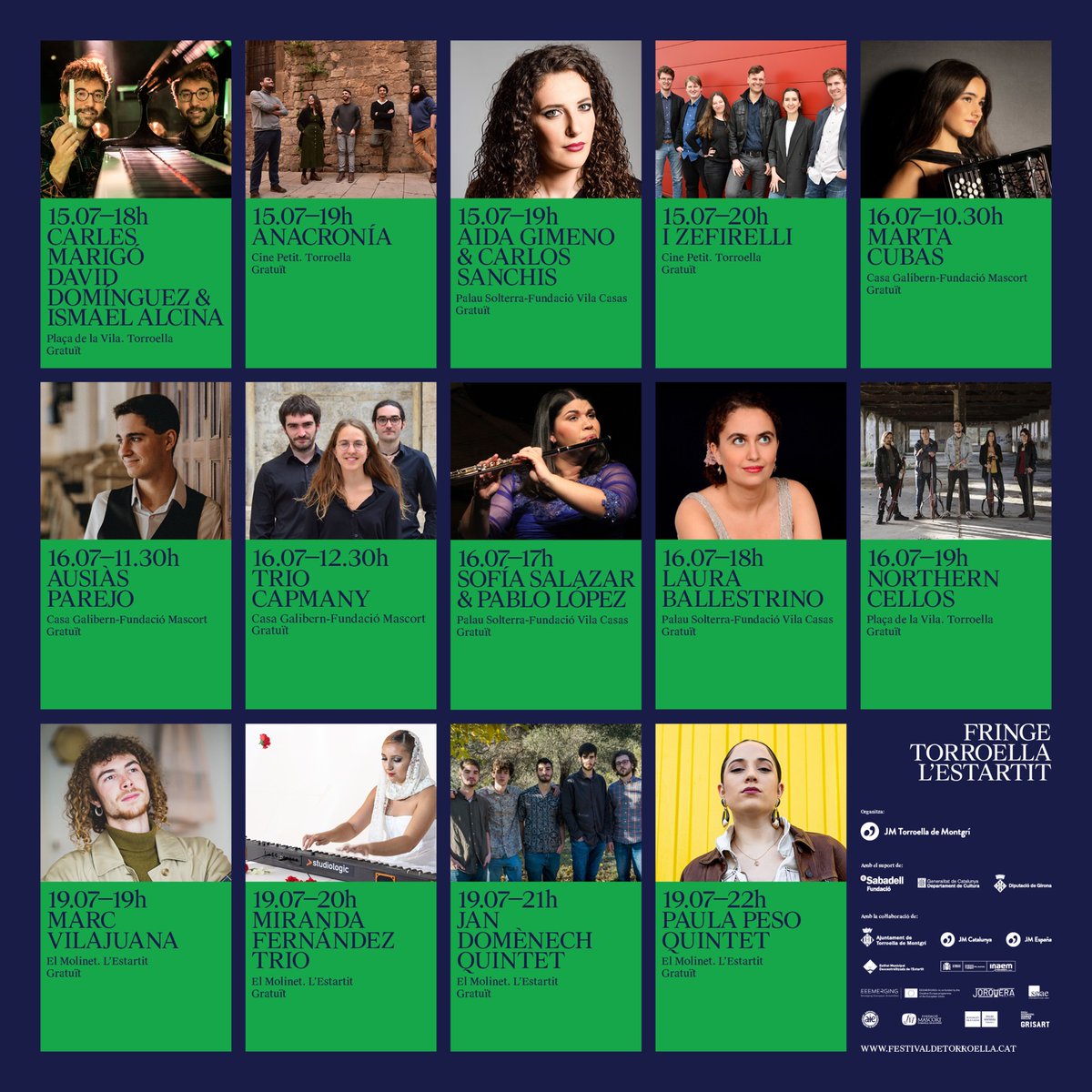 FringeTorroella's tweet photo. El #FringeTorroellaEstartit a un cop d'ull! 🎶
🌻14 concerts gratuïts del 15 al 19 de juliol. Reserveu-vos les dates!
#DavidDominguez #IsmaelAlcina #AidaGimeno #izefirelli #MartaCubas #TrioCapmany #SofiaBalazar #LauraBallestrino #MirandaFernandez #JanDomenech @Marcvilajuana https://t.co/ivAahDGlY5