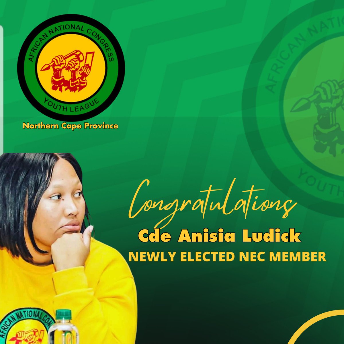 ANC Youth League in the Northern Cape congratulates the newly elected National Executive Committee members from the province 

#26thANCYLNationalCongress
#ANCYL26

🖤💚💛❤️