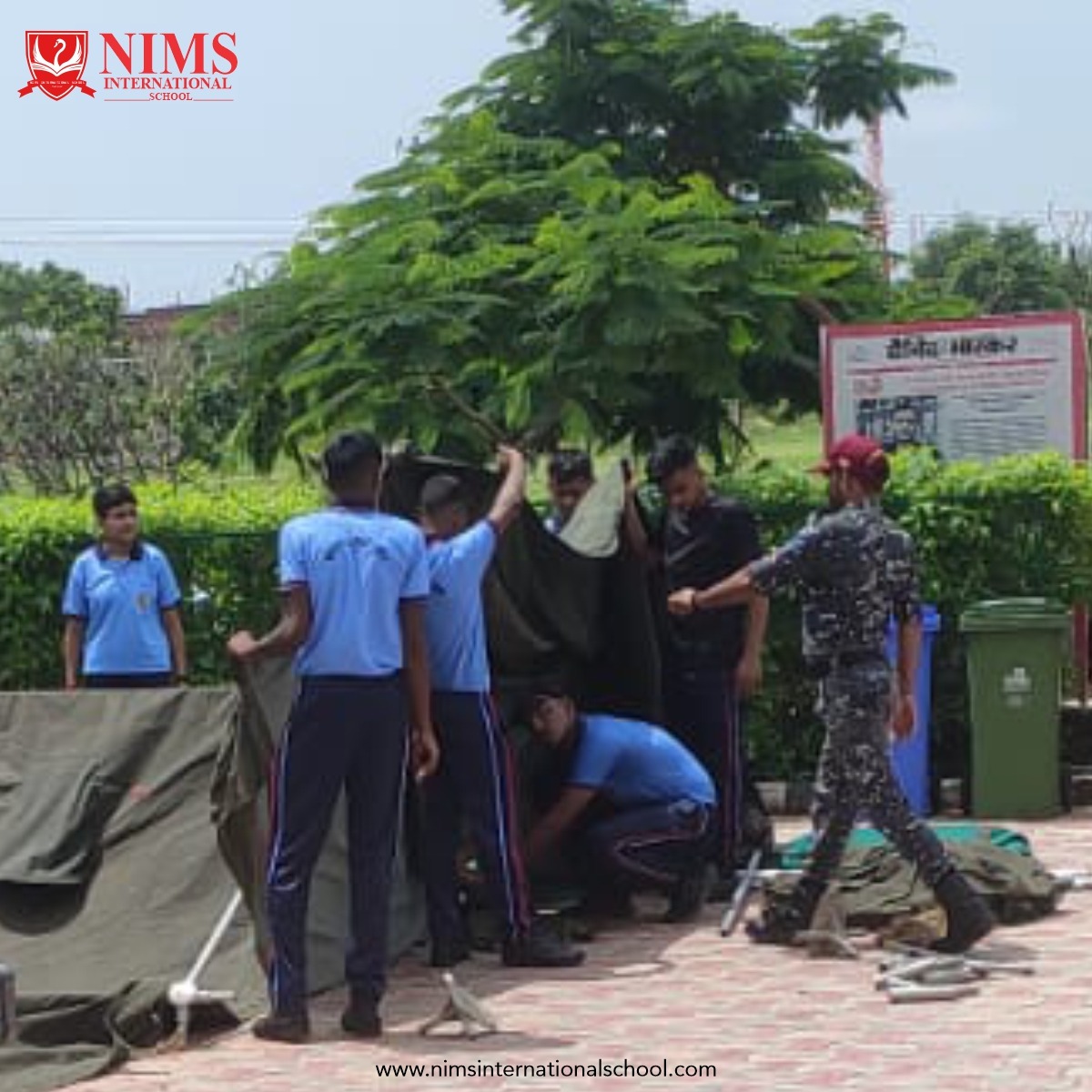 NIMS_School's tweet photo. NIMS International School is hosting the NCC Annual Training Camp. The camp kicked off with an exhilarating start, and on Day 1, we dived straight into a series of valuable lessons focusing on Tent Pitching, Communication, Teamwork, and Leadership. https://t.co/U7WXZrcT0c