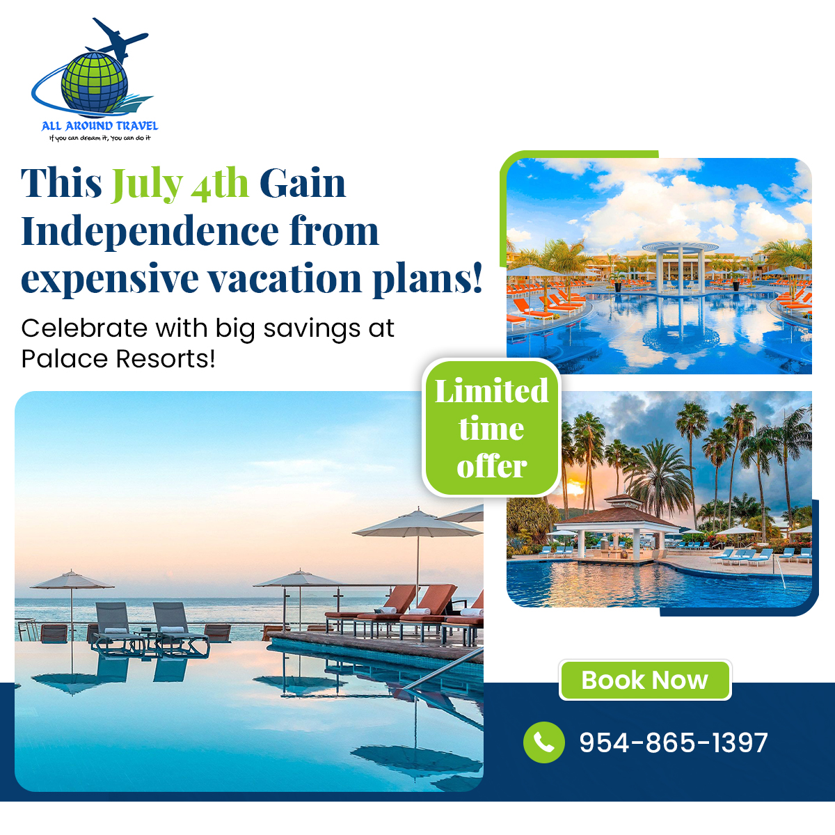 This July 4th Gain Independence from expensive vacation plans! Celebrate with big savings at Palace Resorts! 🎉🇺🇸

Limited time offer, so act fast! 

Call us at: 954-865-1397

or Email: jackie.gordonaabtravel@gmail.com

#July4thSavings #PalaceResorts #AllAroundTravel