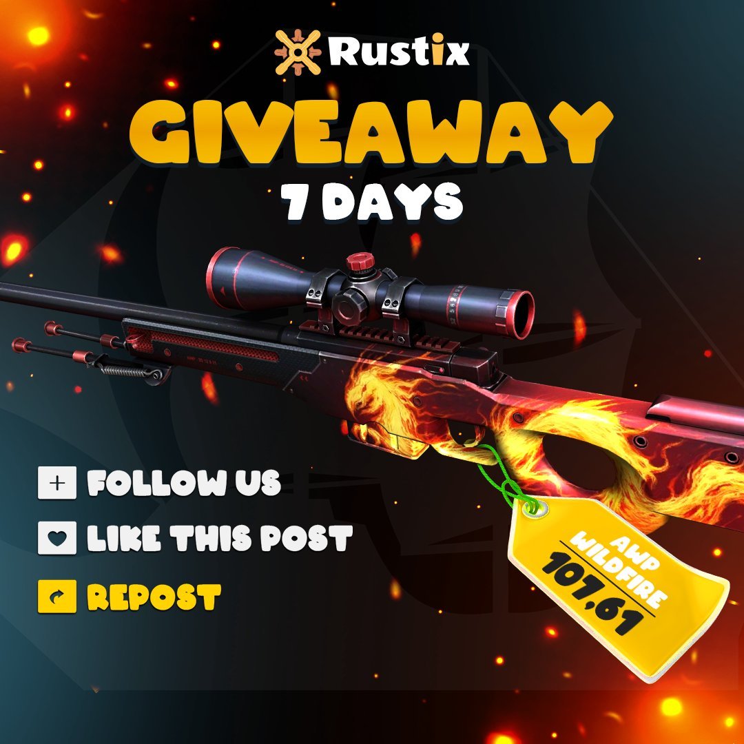 Tomas1120_'s tweet image. 🔥 CS:GO GIVEAWAY 🔥

🎁 AWP | Wildfire ($107.61)

➡️ TO ENTER:

✅ Follow @Rustix_io
✅ Retweet
✅ Like this tweet

⏰ Giveaway ends in 7 days!

#CSGO #CSGOGiveaway