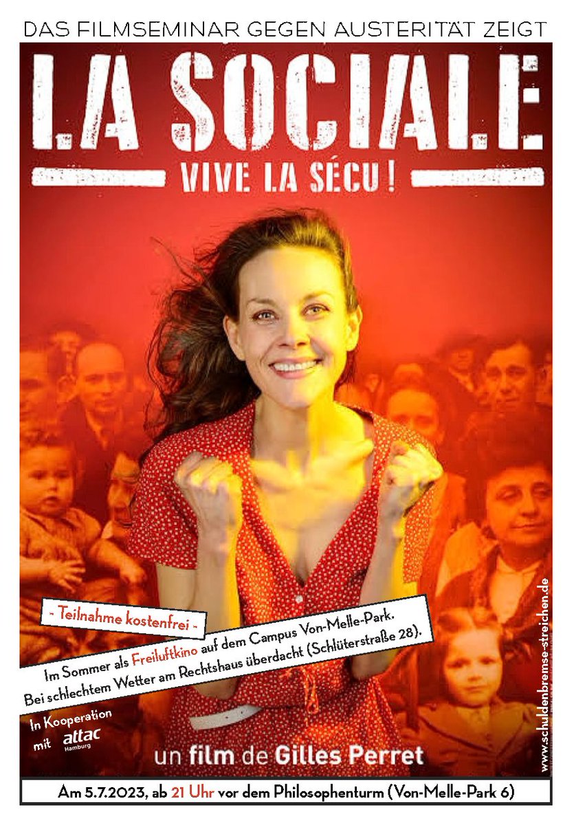issmakampagne's tweet photo. Kino gegen Austerität: Mittwoch (5.7.), 21 Uhr @unihh. Wir schauen + diskutieren die Doku „La Sociale“ (2016) über die umkämpfte Einführung, Durchsetzung und Entwicklung des franz. Systems der soz. Sicherungen (Sécurité Sociale). Mit @attacHamburg.
Info: https://t.co/rAf5fidu6T https://t.co/pbgh3K7Ede