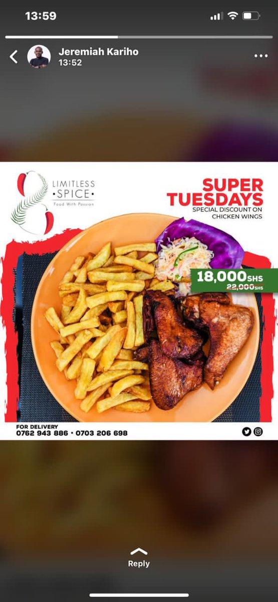 limitlessspice's tweet photo. 📢 PROMO ALERT 🎉 It’s #SuperTuesday Enjoy a discount on our chicken wings from shs.22,000 to shs.18,000 every Tuesday.  ☎️0762943886 or 0703206698 https://t.co/foPHR0xHfT