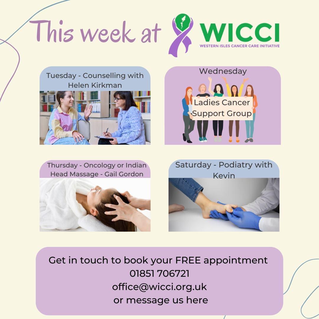 wiccioffice's tweet photo. This week at WICCI - 
Tues- Helen Kirkman Counselling
Wed - Ladies Cancer Support Group 2.30pm
Thurs - Gail Gordon, Oncology/Indian Head Massage 
Sat- Kevin, Podiatry

Get in touch to book your FREE appointment.
📞01851 706721
💻office@wicci.org.uk
Or Message us here! https://t.co/qBPy201wc8