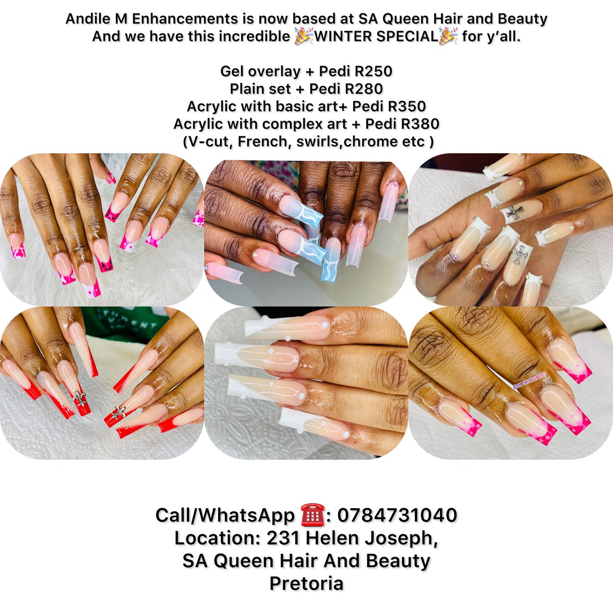 AMEnhancements's tweet photo. Winter Nail Promoπ₯³π₯³π₯³ 231 Helen Joseph, Pretoria.
#GirlTalkZA #ad #nailplug #pretoria #VIPProtection #somizi #skeemsaam #SAPS #nails #promotion https://t.co/RFwY2RBeN0