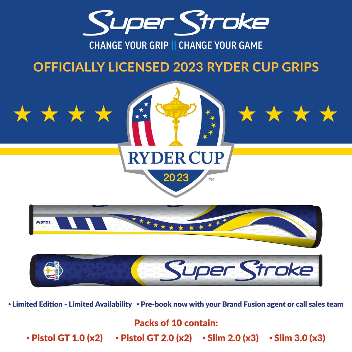 Pro shops - Are you Ryder Cup ready? Official Ryder Cup grip packs available to pre-order now from <a href="/BrandFusionLtd/">Brand Fusion Int Ltd</a> - Contact your agent or call our sales team - Limited Edition - Limited Availability #rydercup #superstroke #brandfusion #brandfusionltd #golf #golfgrip #putting