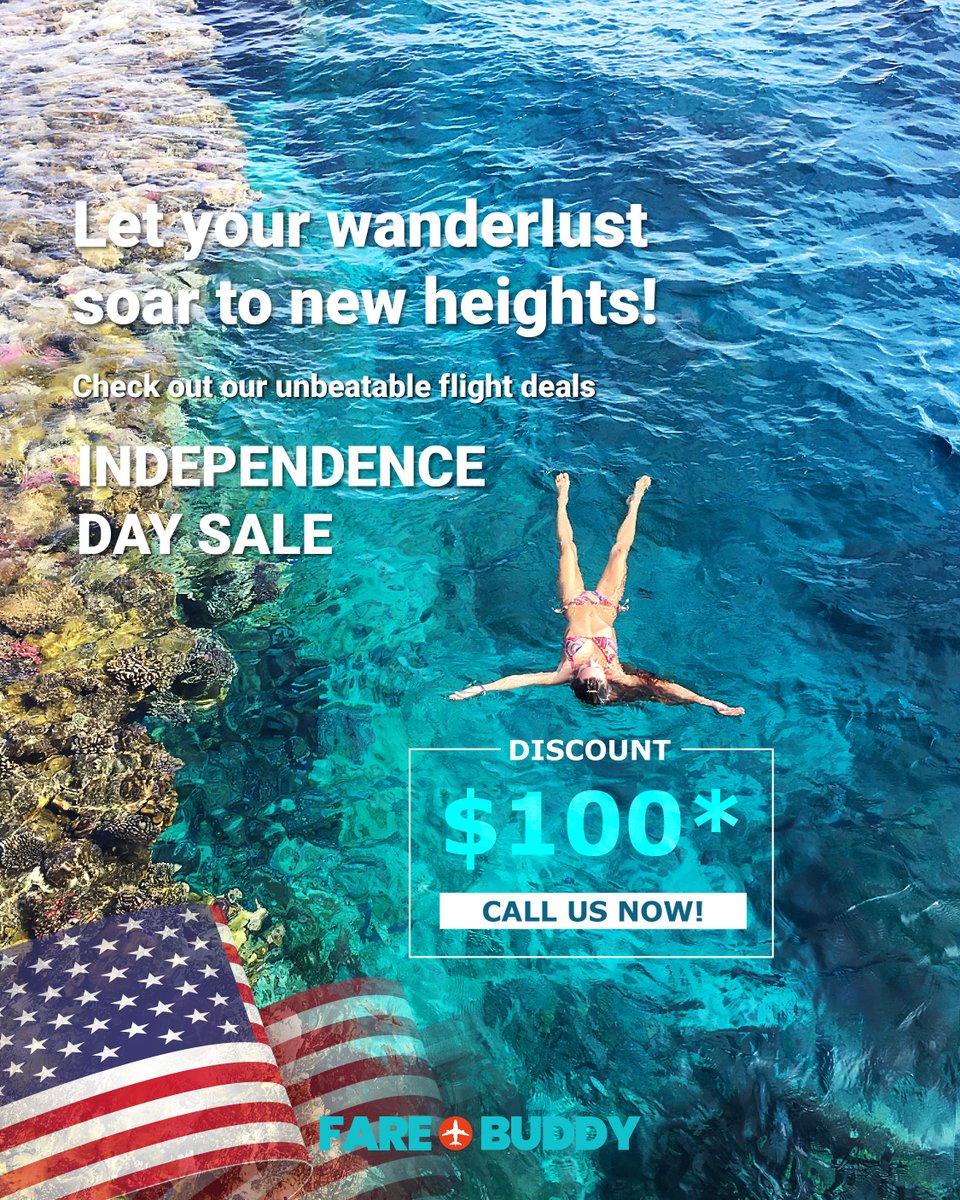 fareobuddy's tweet photo. SALE ALERT! Celebrate Independence Day with incredible savings on flight bookings. Get up to $100* off! 
Call us NOW at 1-631-309-0576 to avail the offer.
#IndependenceDay #IndependenceDaySales #4thofJuly2023 #4thOfJulySales #supersale #IndependenceDayUSA #flights #flightbookings https://t.co/rRJsXVyr3M