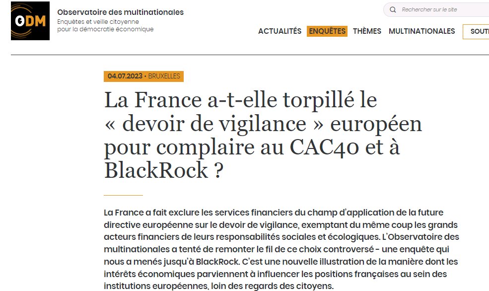 amisdelaterre's tweet image. 😳⚠️ALERTE ! #DevoirDeVigilance : révélations de l’@obs_multinat sur l’influence des lobbies financiers sur la 🇫🇷 pour affaiblir la directive européenne sur le #devoirdevigilance #CSDDD

Notre réaction avec @ReclaimFinance ⬇️ amisdelaterre.org/communique-pre…