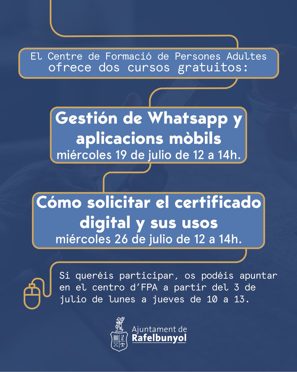 Rafelbunyol_Ajt's tweet image. 👴👵Vos recordem que ja vos podeu inscriure als cursos gratuïts del #CFPA
📱Gestió de Whatsapp i aplicacions mòbils
📅dimecres 19 de juliol
⏰de 12 a 14 h
🖱Com sol·licitar el certificat digital i els seus usos
📅dimecres 26 de juliol
⏰de 12 a 14 h