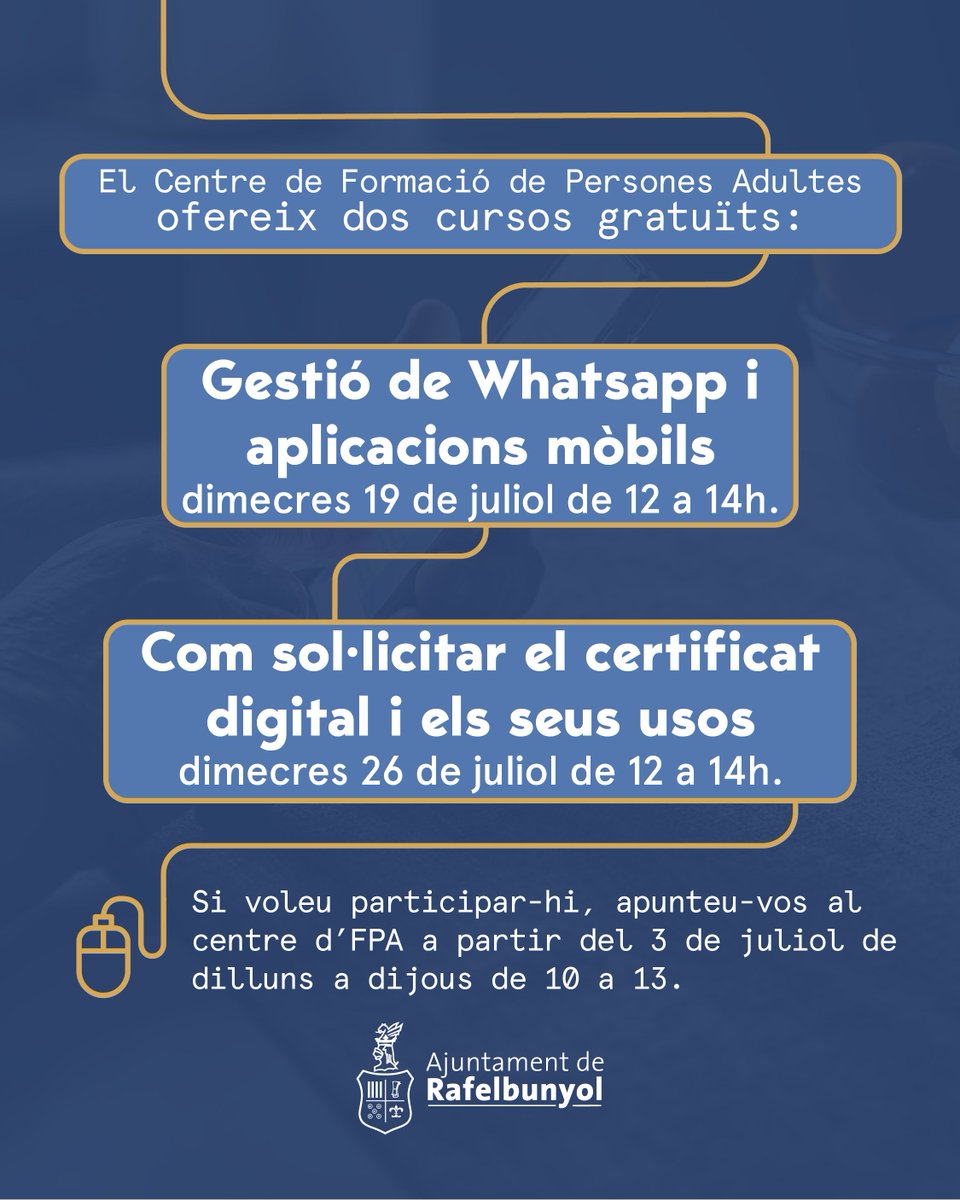 Rafelbunyol_Ajt's tweet image. 👴👵Vos recordem que ja vos podeu inscriure als cursos gratuïts del #CFPA
📱Gestió de Whatsapp i aplicacions mòbils
📅dimecres 19 de juliol
⏰de 12 a 14 h
🖱Com sol·licitar el certificat digital i els seus usos
📅dimecres 26 de juliol
⏰de 12 a 14 h