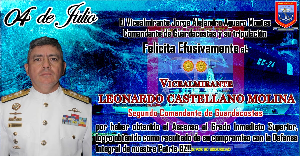 AB_Guardacostas's tweet photo. El @VA_AgueroJorge #COMGUARD, y toda la tripulación de este Gran Comando, felicitan Efusivamente al Vicealmirante @leocast2017, por su merecido ascenso al grado inmediato Superior, cómo reconocimiento a su esfuerzo, constancia, disciplina, en defensa de nuestra Venezuela. BZ!! https://t.co/MAYvWEpR2g