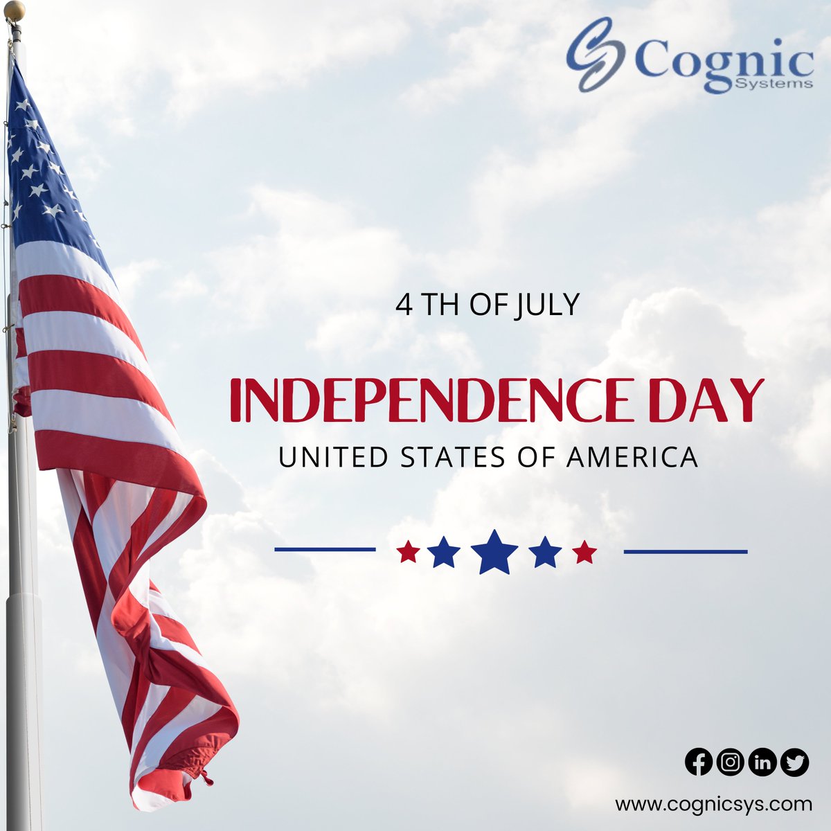 CognicSystems's tweet photo. Wishing you a Happy Independence Day from Cognic Systems: Innovate, Inspire, Succeed.  🇺🇸 🤝

#IndependenceDay #FourthOfJuly #Happy4th #4thofjuly #cognicsystems https://t.co/c76HNZIMn9