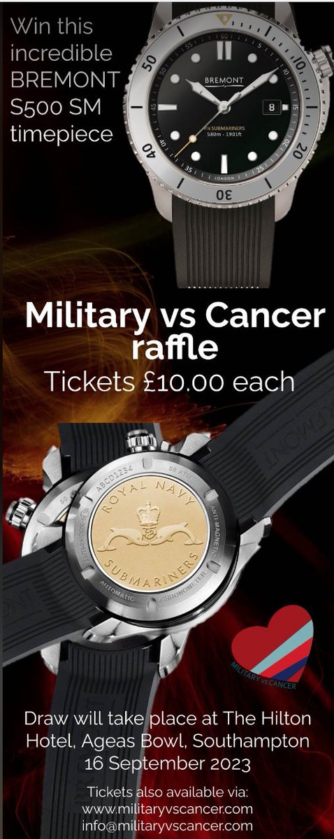 RNFAReferees's tweet photo. The 'BREMONT S500 SM' timepiece will be drawn on Sat 16 Sept 23 at the Hilton Hotel, Ageas Bowl.
Tickets are ยฃ10 each, plus 75p postage
You can enter the draw by visiting https://t.co/ap40m12hxn in the SHOP section, or via the link below: https://t.co/aXyzslIEU9
#militaryvscancer https://t.co/aw8NmP60TP