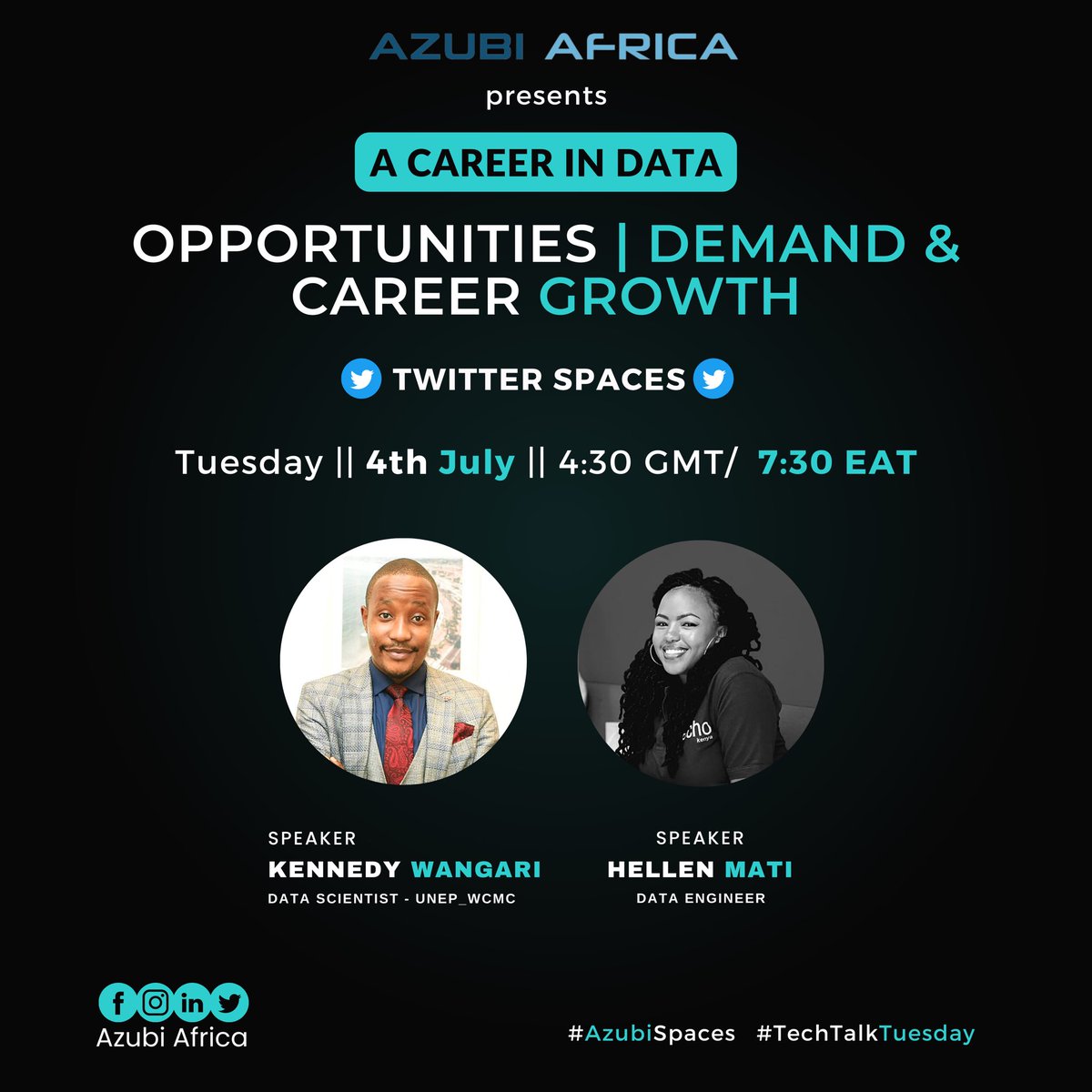 Join us today as we discuss the opportunities available when you choose a career in data analytics.

Tonight we will be joined by @MissMati_ and @kennedykwangari !! 

Come join in the discussion!!🚀🚀

#azubi #azubispaces #AzubiAfrica #DataAnalytics #techtwitter