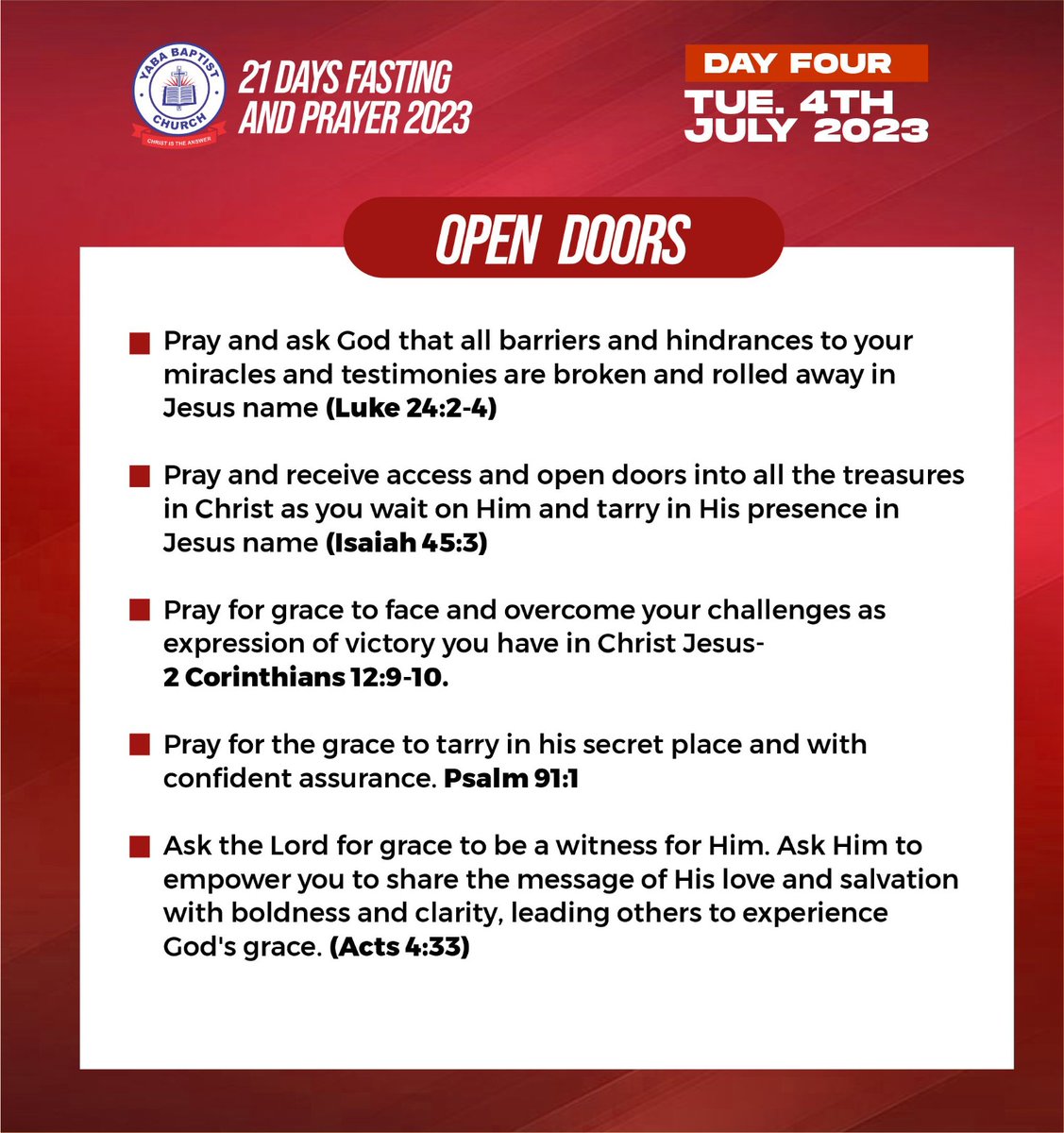 yababaptist's tweet photo. Grateful for the opportunity to grow spiritually and mentally."
Day 4 - Open Doors
#21DaysOfPrayerAndFasting #LayingItAllDown #TrustingInHim
#Yababaptist #Greaterexploits
#ChristIstheAnswer #ybc https://t.co/WYdk7ePMc8