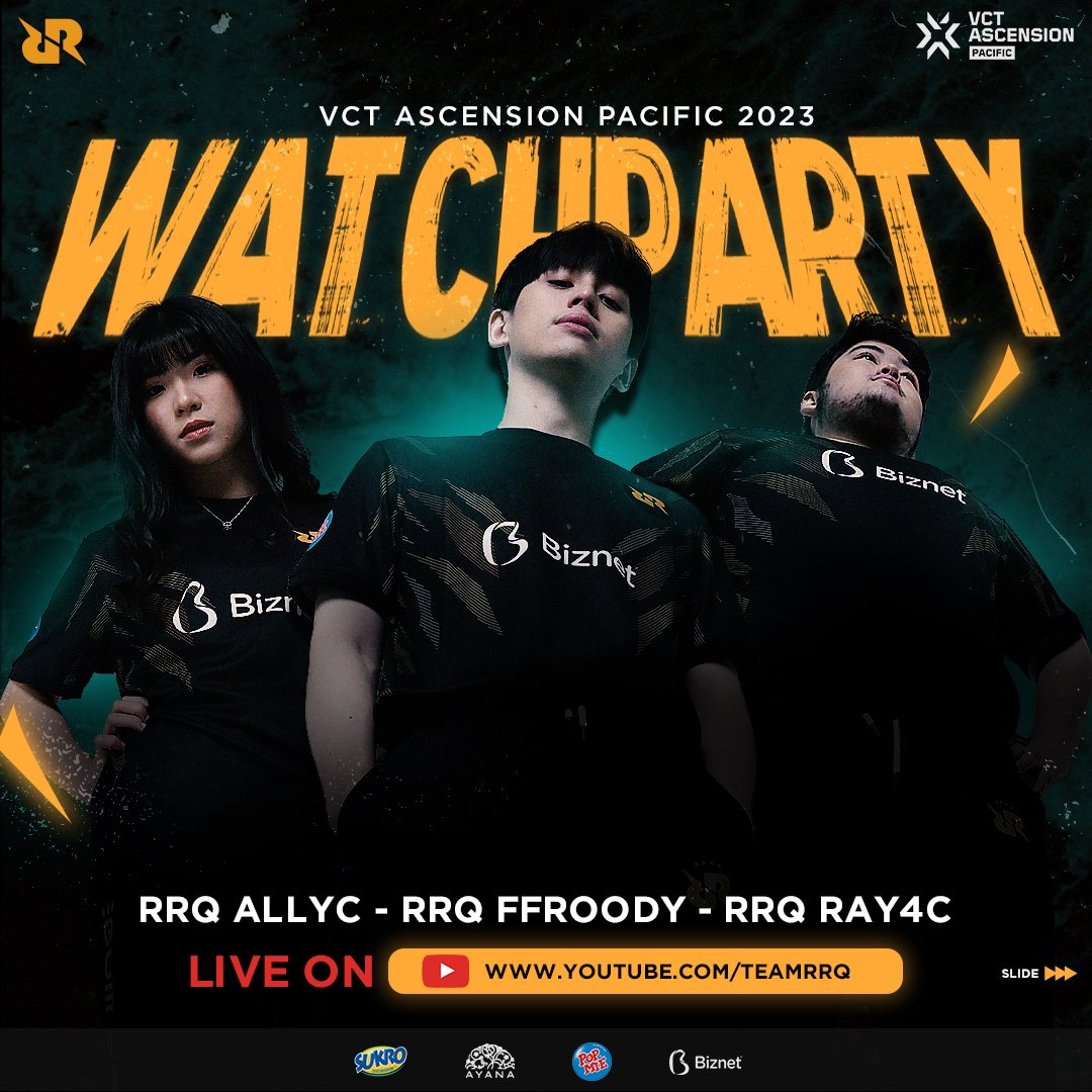 teamrrqofficial's tweet photo. To bring more attention to the VCT Ascension Pacific 2023, RRQ will be hosting an Online Watch Party on the Team RRQ YouTube channel! 

Tune in to the fun in the Semifinal and Grand Final VCT Ascension Pacific along with RRQ @ffroody, RRQ Ray4c, and RRQ @LycAllyc! The event will be held on Saturday the 8th and Sunday the 9th of July 2023, so don't miss out!

Be sure to mark your calendars and follow tune into the excitement alongside RRQ!

#VCTAscension 
#StriveForGreatness