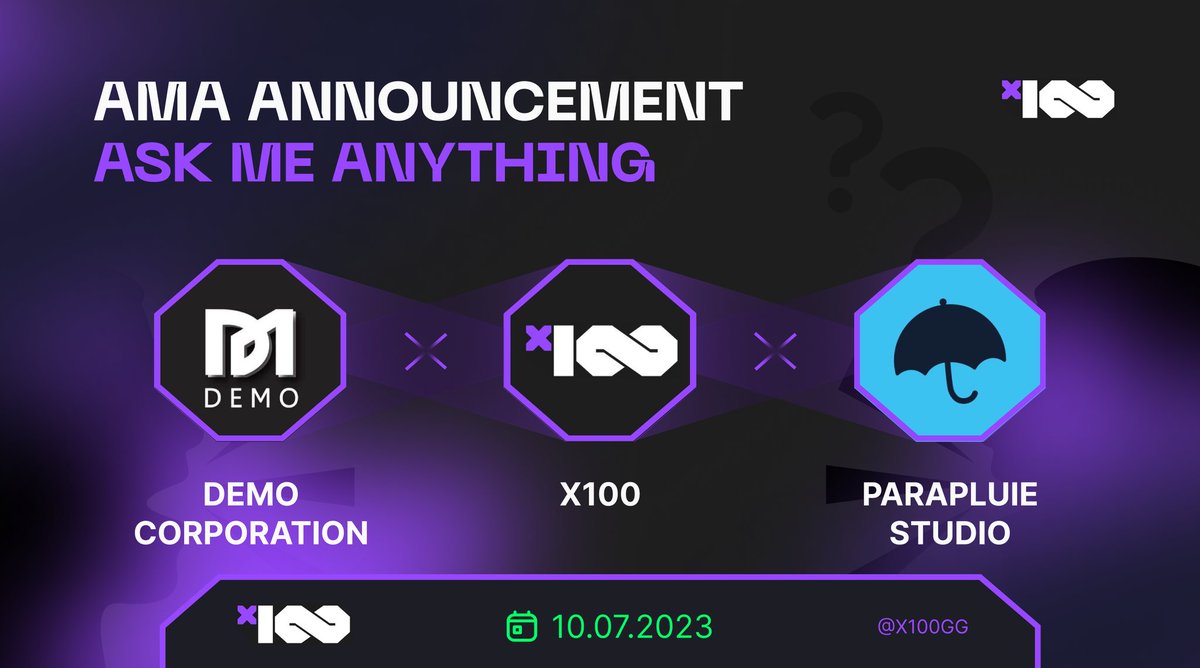 x100gg's tweet photo. 🎙AMA ANNOUNCEMENT🎙 
 
Exciting news‼ Join us for an epic #AMA
📅on the 🔟th of July
featuring industry experts and innovators.
Get ready to ask your burning questions🔥
to @parapluiestudio &amp; @demo_democorp 

Mark your calendars! 
You won't want to miss this! 🚀 https://t.co/0yQaZ71Aqb