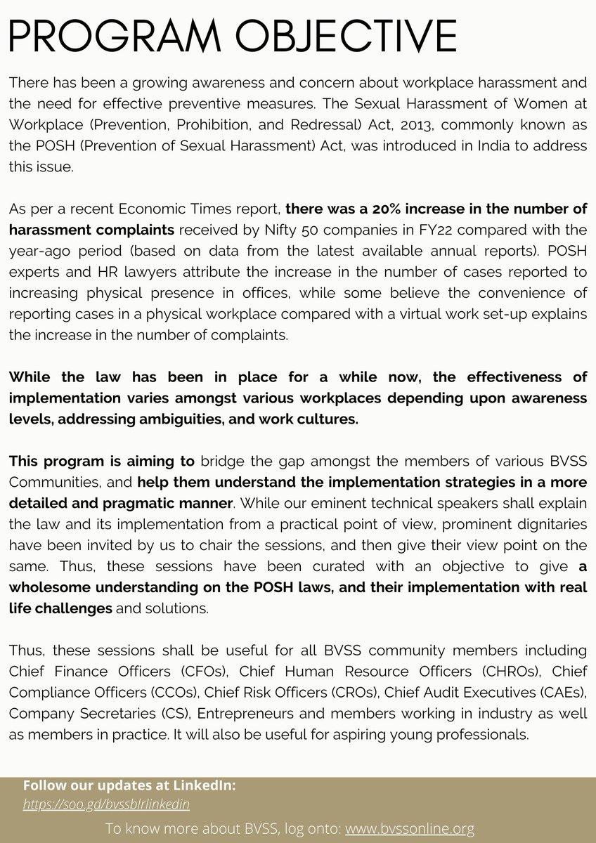 bvssofficial's tweet photo. Chief Compliance Officer's Club of BVSS Bangalore invites you for online discussion: “Laws on Prevention of Sexual Harassment” 8th July@ 11am &amp; 15th July@ 11am Register: https://t.co/LuzLrWgdJ0
#BVSS #POSH @navalkbajaj @sharmaanil54 @AvineeshMatta @ca_anilgupta @puneet_shivyog https://t.co/ZmUPEtQTrC