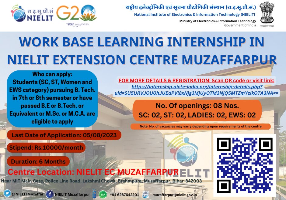 NIELITMuzaffar's tweet photo. मुजफ्फरपुर एवं आस-पास के युवाओ हेतु सुनहरा मौका राष्ट्रीय इलेक्ट्रॉनिकी एवं सूचना प्रौद्योगिकी संस्थान (रा.इ.सू.प्रौ.सं.) मुजफ्फरपुर मे internship हेतु आवेदन आमंत्रित हैं । आवेदन हेतु https://t.co/ABHzRN6yyU पर क्लिक करे या QR Code को Scan करे।
#PAT_NIELIT #NIELITIndia #GoI_MeitY https://t.co/3S668GGWWY