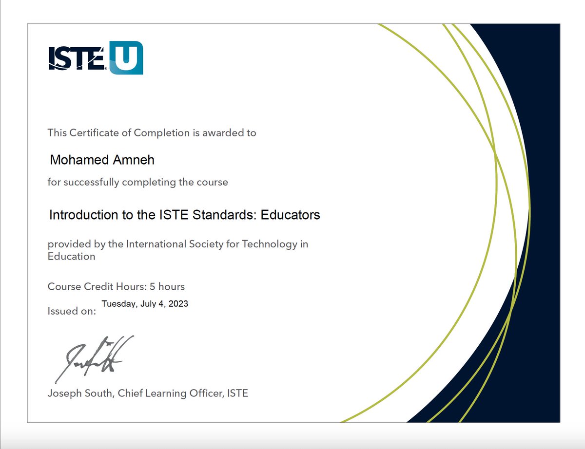 mohamedamneh1's tweet photo. I’m happy to share that I’ve obtained a new certification: Introduction to the ISTE Standards: Educators from @ISTEofficial
#istelive23 #ISTE #proffesionaldevelopment #education #Certificates #mamneh8 https://t.co/WDpBuEcrj5