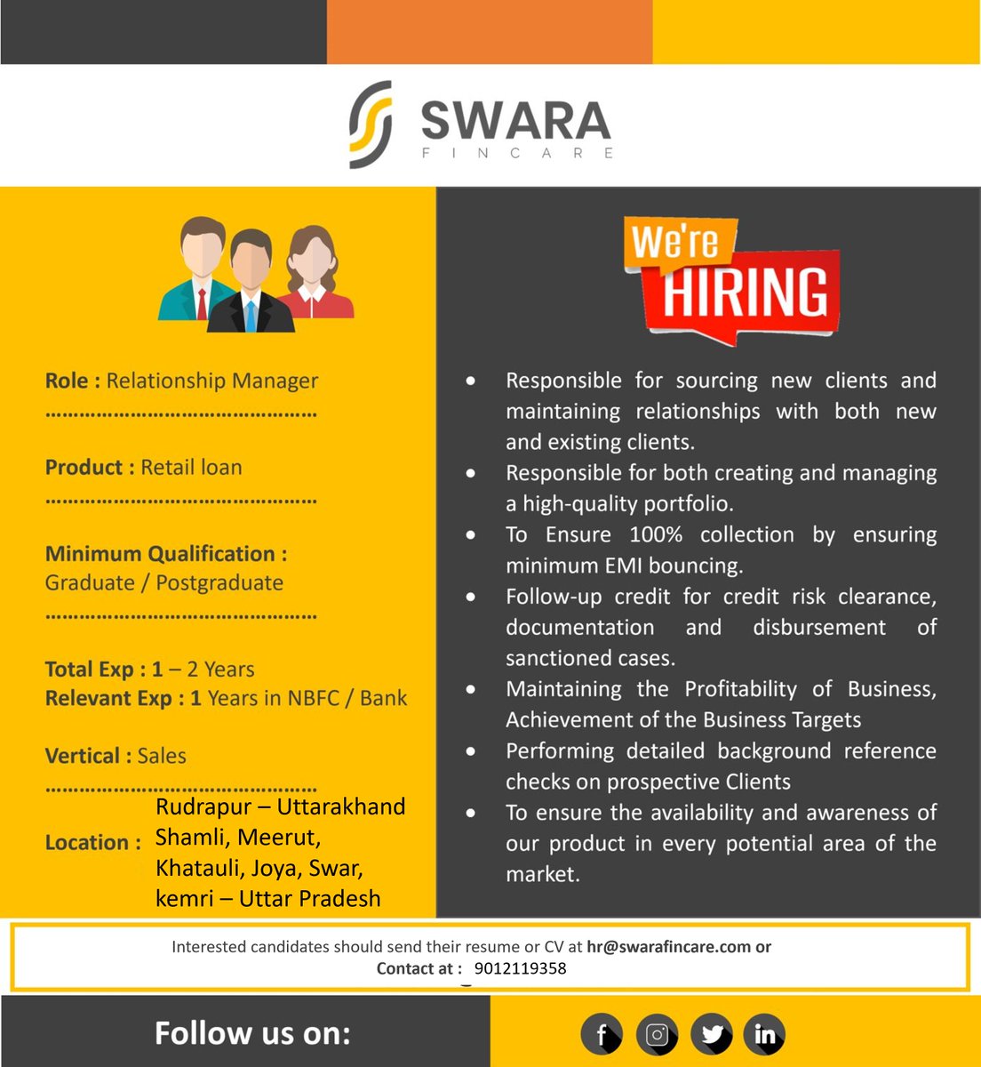 swarafincare's tweet photo. Come and Join Us!

We are Hiring for the profile of Relationship Manager for Individual lending – Unsecured loans.

Sandeep Kumar Tyagi | Tarique Ahsan | Nadeem Ali
.
.
.
.
.
.
#Swarafincare #Swara #NBFC #relationshipmanager #Sales #Salesofficer #salesmanager #fieldofficer https://t.co/xIyf4ApiX5