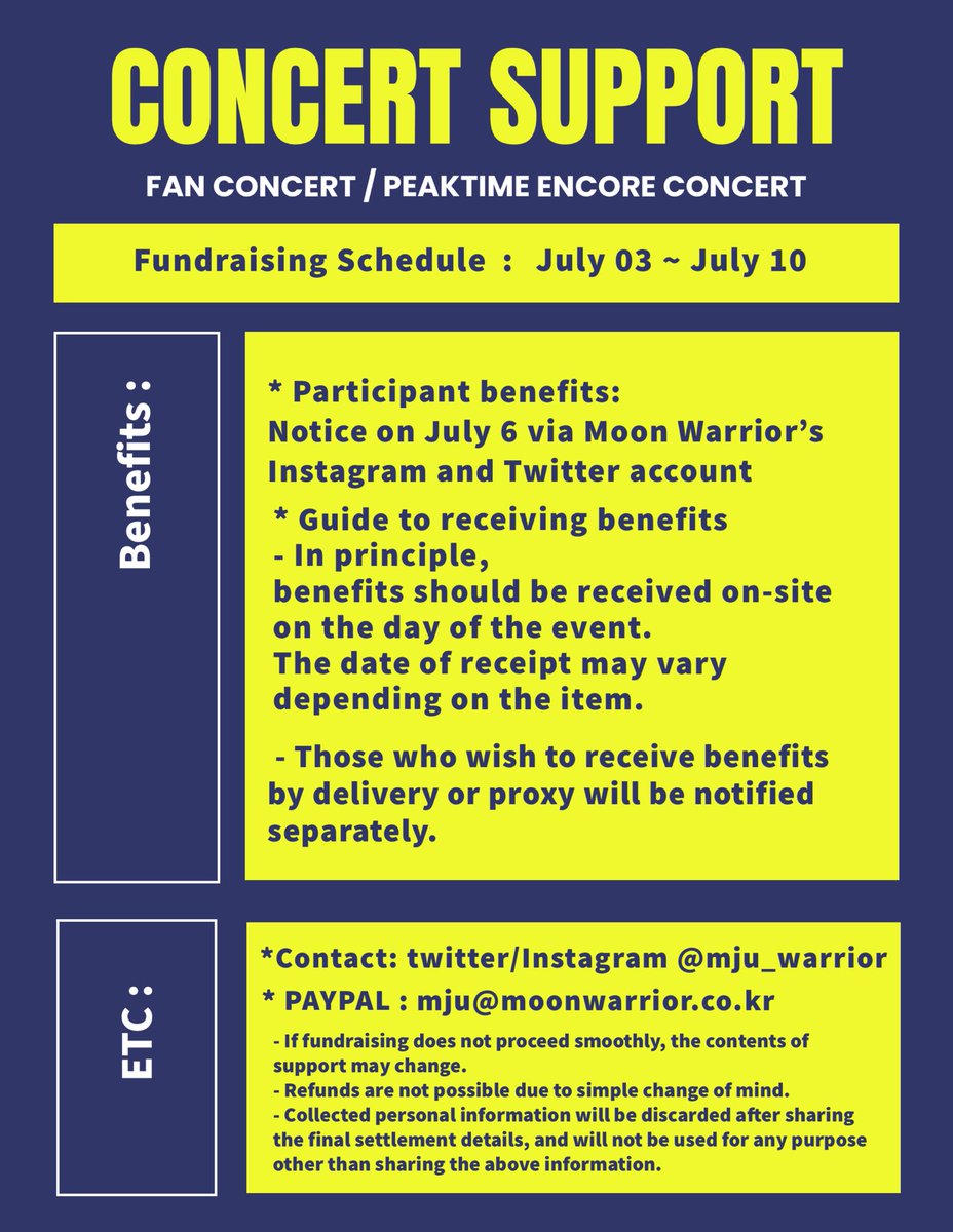 mju_warrior's tweet photo. Moon Warrior starts fund raising for Moon Jongup's Fan Concert and PEAK TIME encore concert.

We ask for your interest and participation.
Please join us after checking the details.

Fundraising period: July 3(Monday) to 11(Tue)

[fundraising and survey]
https://t.co/cuOtnziDfo https://t.co/4xUfzvFptV