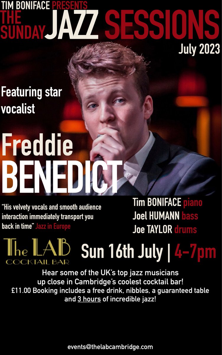 Tim Boniface (@timbonifacejazz) on Twitter photo The superb <a href="/FreddieBenedict/">Freddie Benedict</a> is our next star guest at the Sunday Sessions <a href="/TheLabCambridge/">The LAB Cocktail Bar & Kitchen</a>. Sun 16th July, 4-7pm. Freddie is a real class act, & great fun too - don't miss out! Last one sold out so get tickets here to one of Cambridge's hottest jazz gigs: cambridgelive.org.uk/tickets/events… The superb <a href="/FreddieBenedict/">Freddie Benedict</a> is our next star guest at the Sunday Sessions <a href="/TheLabCambridge/">The LAB Cocktail Bar & Kitchen</a>. Sun 16th July, 4-7pm. Freddie is a real class act, & great fun too - don't miss out! Last one sold out so get tickets here to one of Cambridge's hottest jazz gigs: cambridgelive.org.uk/tickets/events…