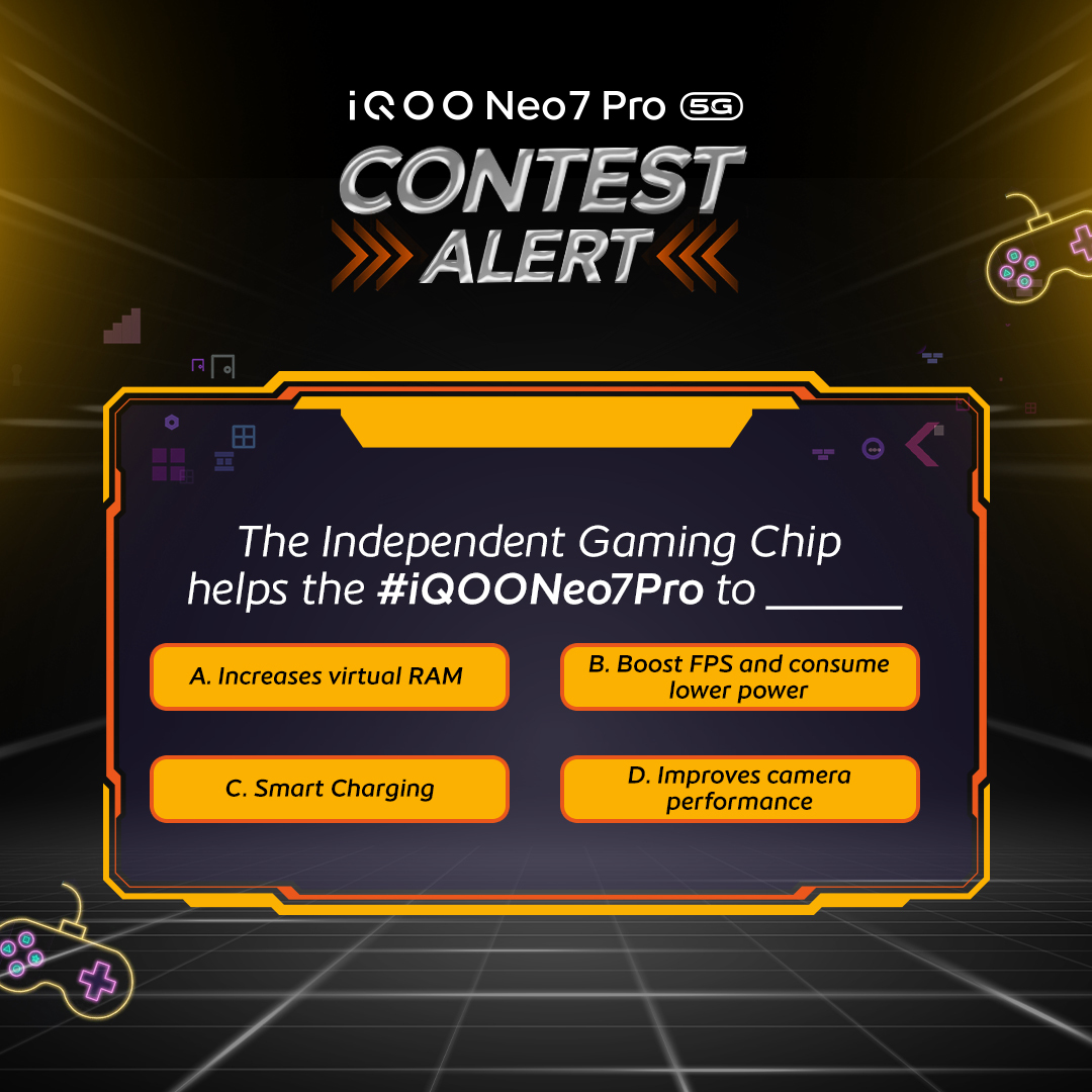 IqooInd's tweet photo. #ContestAlert! 
Attention all gaming enthusiasts!
How’s the Independent Gaming Chip beneficial for #iQOONeo7Pro?

- QRT with the correct answer and #iQOONeo7Pro #AmazonSpecials #PowerToWin
- Tag 3 friends (Unlimited tags allowed)
- Follow @IqooInd on Twitter https://t.co/mbSXW1dfDp