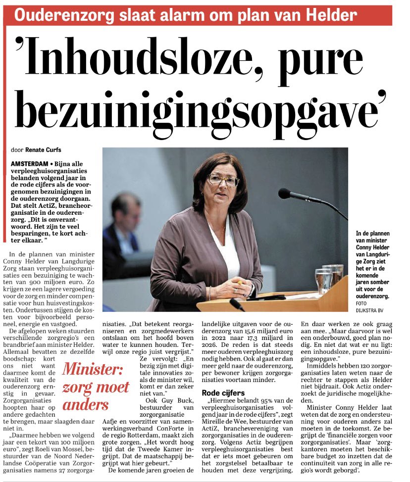 Ouderenzorg in gevaar. Inhoudsloze, pure bezuinigingsopgave. Minister Helder sloopt de ouderenzorg compleet. Je bent in dit land gewoon bang om oud en hulpbehoevend te worden. #Rutte4Exit