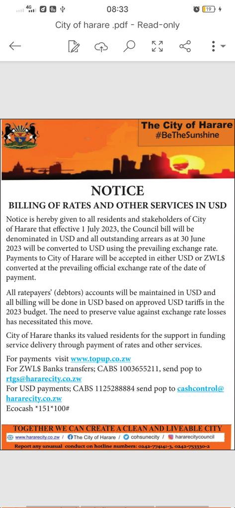 hazelwekwagondo's tweet photo. The CCC led City of Harare is seeking to charge residents in USD yet they have been inactive in promoting quality service delivery, they have turned Harare into a Garbage City. We know they want to use that money to fund the CCC campaign bcz its bankrupt #PasiNeCCC https://t.co/2cQWVEPHlo