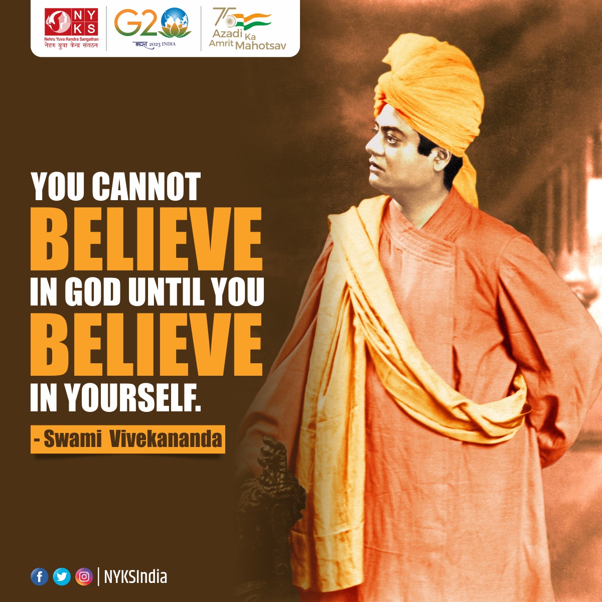 Quote of the Day!

'You cannot believe in god until you believe in yourself.' - Swami Vivekananda 

#quoteoftheday #SwamiVivekananda #ThoughtForTheDay #swamivivekanandaquotes