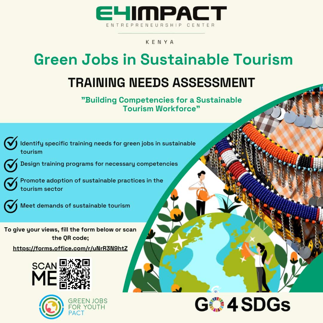 E4ICenterKenya's tweet photo. 1/2 Are you a #stakeholder in the #sustainabletourism sector?
We invite you to give your views on #training needs in #greenjobs competencies in the sustainable tourism sector.
#greeneconomy
#buildingcompetencies
#buildingimpactentrepreneurs https://t.co/EQOfUwi1aO