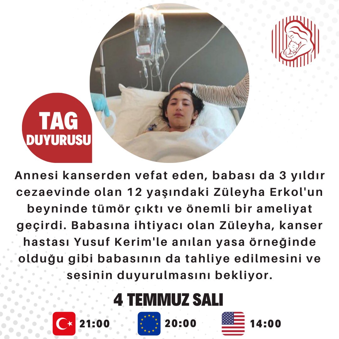 TAG DUYURUSU

4 TEMMUZ SALI

TR 21.00
AB 20.00
ABD 14.00 

Annesi vefat eden, babası hapiste olan 12 yaşındaki Züleyha’nın beyninde tümör çıktı ve önemli bir ameliyat geçirdi. Babasına ihtiyacı olan Züleyha’nın sesinin duyurulması adına tag çalışmamıza desteklerinizi bekliyoruz.
