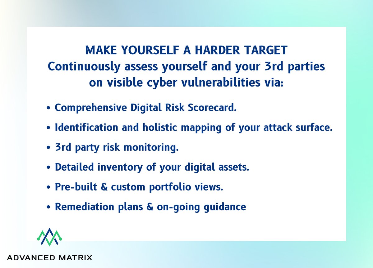 AdvancedMatrix_'s tweet image. MAKE YOURSELF A HARDER TARGET
Continuously assess yourself and your 3rd parties on visible cyber vulnerabilities via:

contact us for more : +966 013 882 1464

#cybersecurity #hackerview #cyberspace #hacker #phishing #infosec
