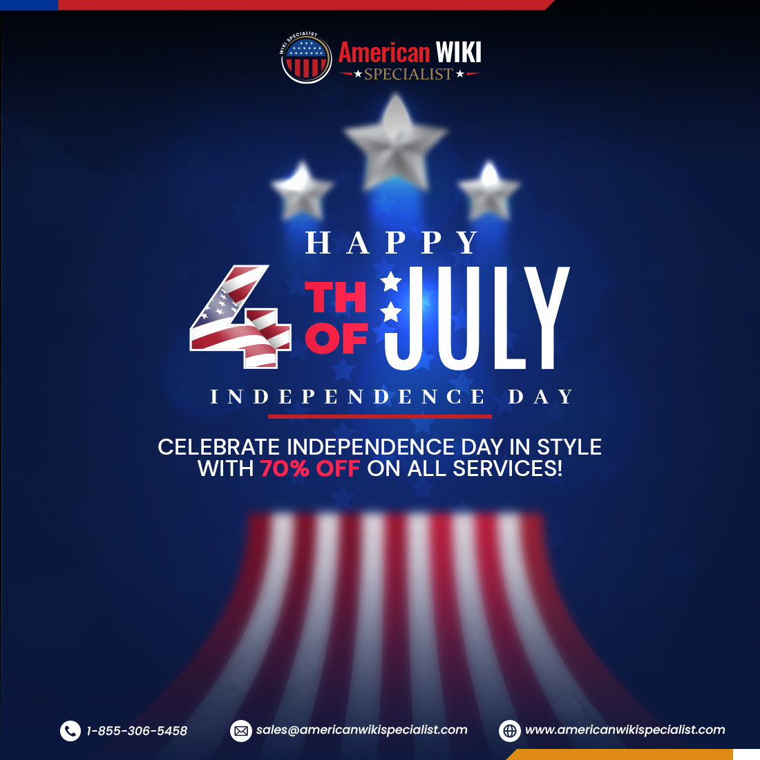american_wiki's tweet photo. Light the fuse of savings this 4th of July! Enjoy a blazing 70% off on our entire service!

#AmericanWikiSpecialist #4thofjuly #Wikipedia #independencedaysale https://t.co/CQnjaEyGiA