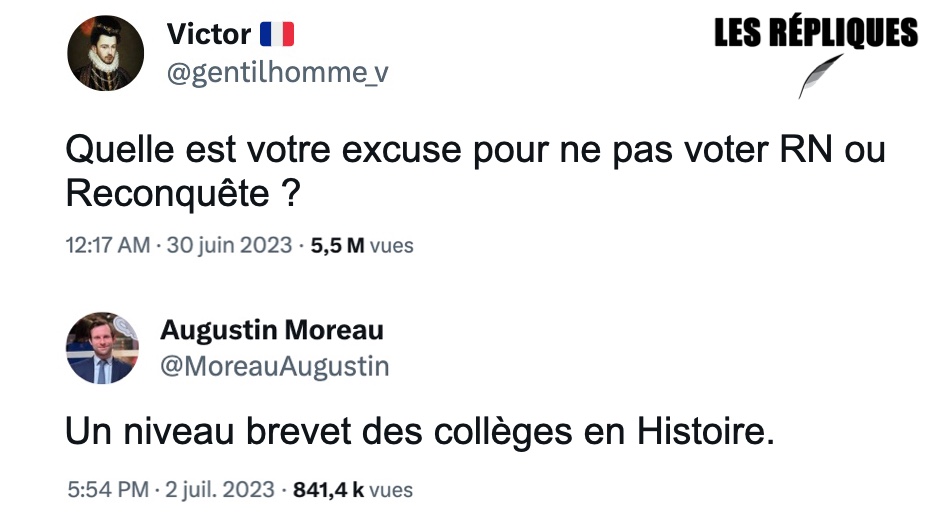 Les_Repliques's tweet photo. "Grand remplacement, émeutes, ensauvagement" : et vous "quelle est votre excuse pour ne pas voter RN ou Reconquête ?" La question est posée par Victor 🇫🇷 royaliste à la PP d'Henri III 

@MoreauAugustin https://t.co/9HBHaeyegV