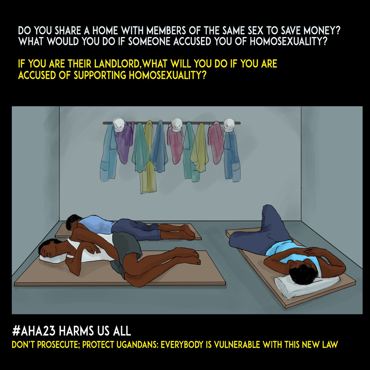 30.1% of Ugandans live below the international poverty line. Majority of Ugandans' way of dealing with unaffordable housing is to share lodgings.
Under Uganda's Anti-Homosexuality Act, people of the same sex sharing housing and land-lords could be implicated. #ResistAHA23