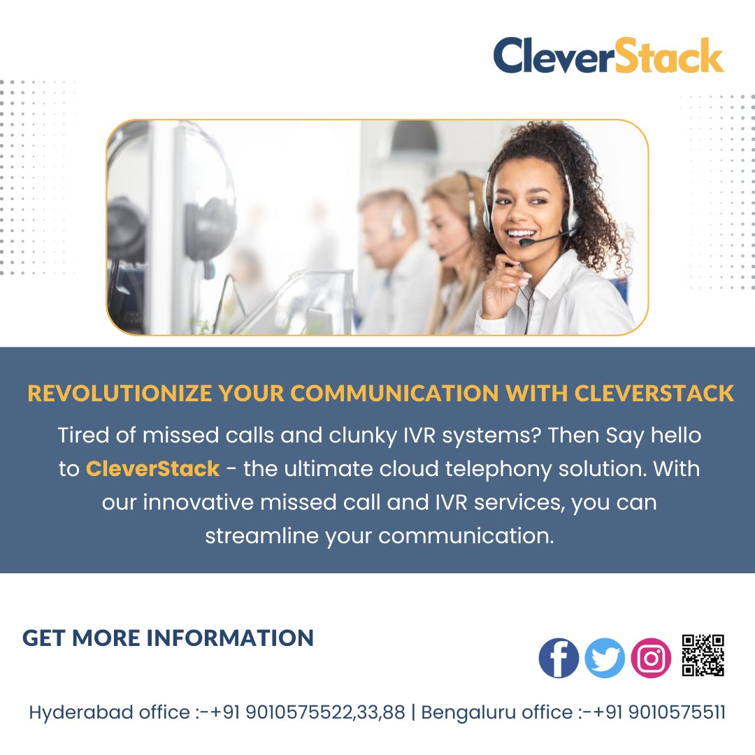 clever_stack's tweet image. Don&apos;t miss out on this opportunity! Upgrade your communication system today with CleverStack and unlock new possibilities for your business success.
cleverstack.in
Hyderabad office :-+91 9010575522,33,88 | Bengaluru office :-+91 9010575511
#cleverstack #technodreams