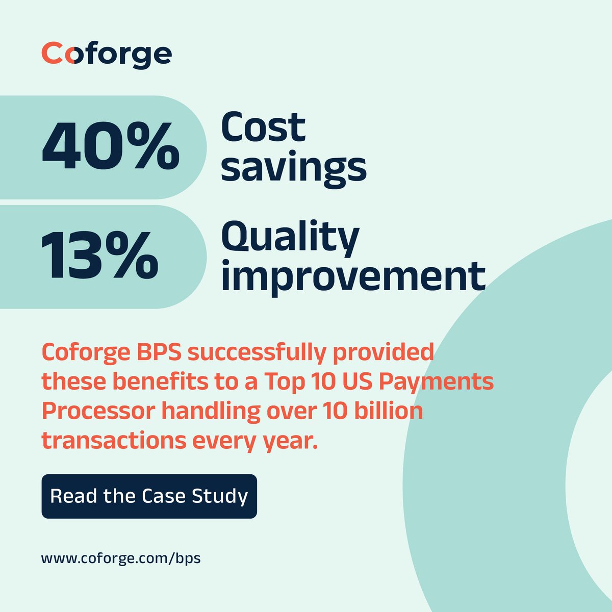 Coforge_Tech's tweet photo. Coforge BPS helped them reduce operational expenses by up to 40% while enabling a swift 3-hour turnaround time for merchant onboarding. Learn more about this success story in our brief case study. https://t.co/sL4CEUgDju

#qualityimprovement #costsavings #casestudy #coforge https://t.co/eVFRE07Dai