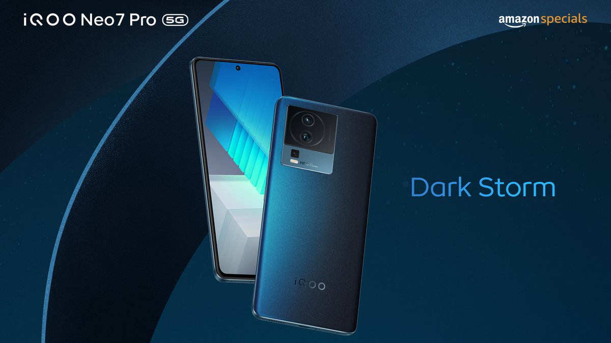 IqooInd's tweet photo. The storm is here! Get ready to make a bold statement with #iQOONeo7Pro's Dark Storm color with AG Glass Design. 

Know more: https://t.co/e0vuC8HIkR 
Watch now: https://t.co/laXrVhj0fR 
Follow @IqooInd on Social

#AmazonSpecials #PowerToWin https://t.co/npkJw1YEkR