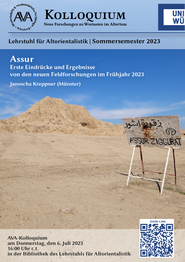 On Thursday, 6 July 4pm, Janoscha Kreppner @WWU_Muenster will talk about "#Assur: Erste Eindrücke und Ergebnisse von den neuen Feldforschungen im Frühjahr 2023".  
Join us in person or online! 
▶️uni-wuerzburg.zoom.us/j/67558727348?…
