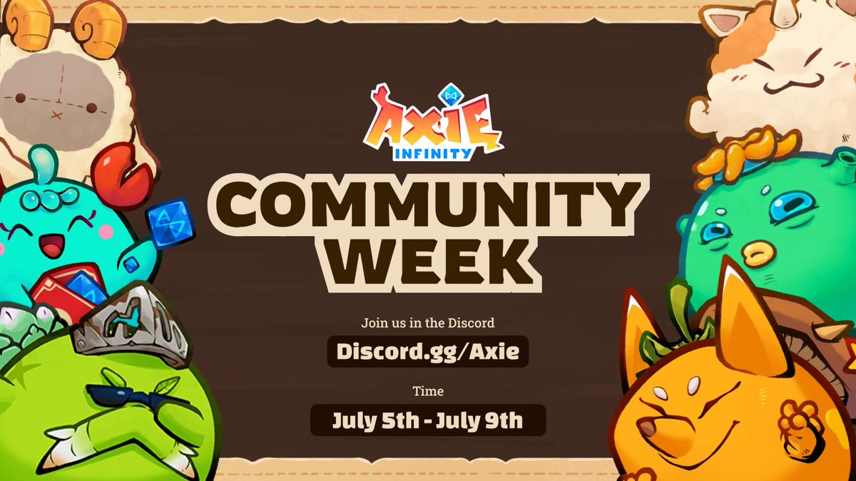 AxieInfinity's tweet photo. Starting tomorrow, Axie Discord will be hosting the first ever Axie Week-- 5 days of events and programming to celebrate the best community in web3!

👀 S5 Patch Reveal
🗓️ 5 days of special Discord events
🏆 Win AXS and Axie NFTs for participating

📜 | https://t.co/et7kbPFgyb https://t.co/eltkXWO4xn