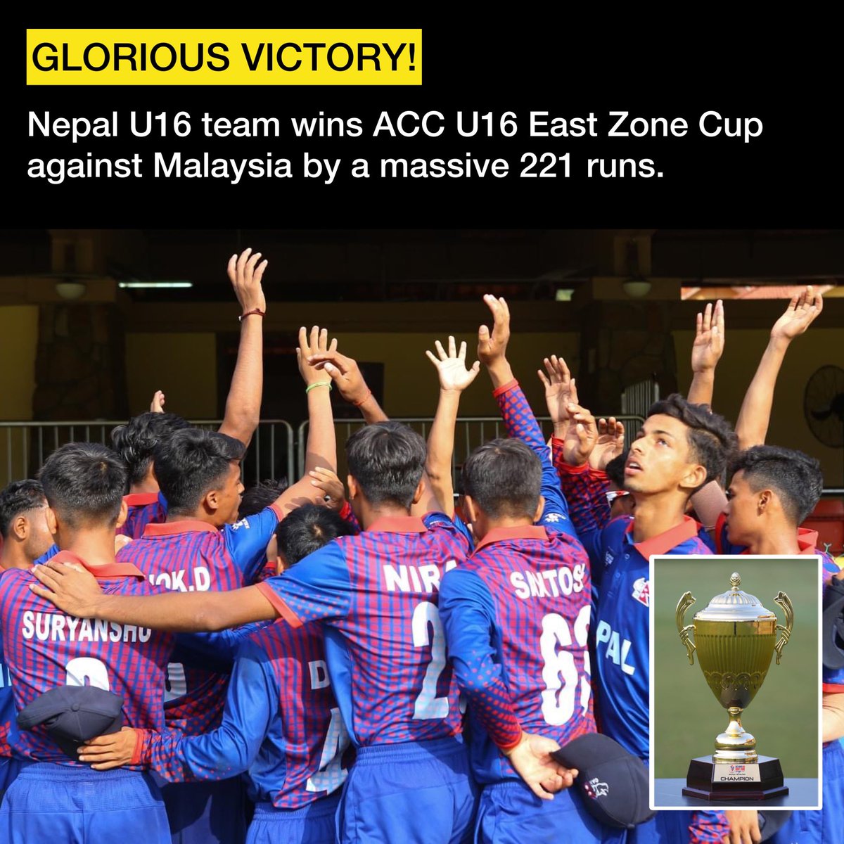 NoNext_Question's tweet photo. Nepal U-16 is the champions of ACC U16 East Zone Cup 2023. They defeated Malaysia U-16 by a massive 221 runs. Nepal wrapped up Malaysia for only 31 runs in 14.5 overs.
The future of Nepali cricket is in right hands. Congratulations young lads. 🎉🥳
#cricket #nepal #nnq https://t.co/4iU7U1u2He